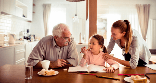 Senior father with adult daughter and granddaughter at kitchen table