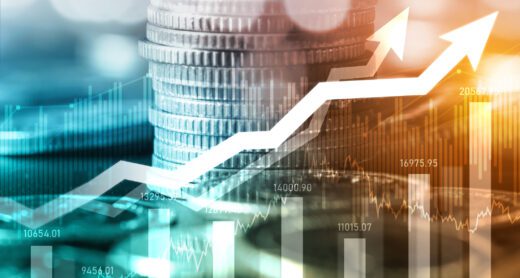 Graphic showing coins and a bar graph to represent financial topics.