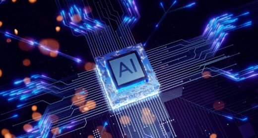 Computer chip labeled "AI" on a circuit board. The scene is illuminated with a cool blue glow.